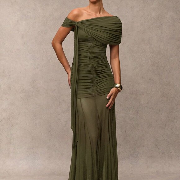 Army Green Elegant Women's Ruched Asymmetric Dress - Picture 5 of 8